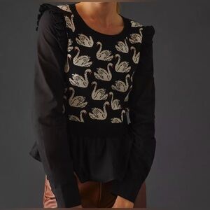 Anthropologie Black Sweater with Cream Swan Motif